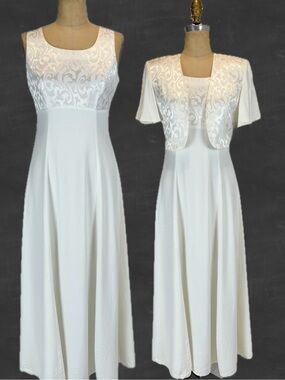 VINTAGE white floral damask 2 piece dress set bolero cropped jacket sleeveless